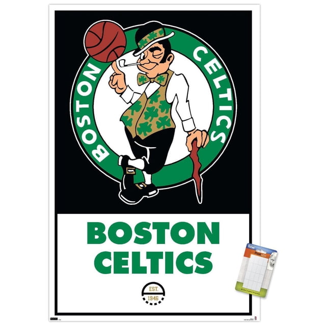 NBA Celtics de Boston - Affiche Murale Logo 21, 14,725 Pouces x 22,375 Pouces Mettant en Vedette la Mascotte des Celtics de Boston Lutin dans un Gilet Trèfle Vert Faisant Tourner un Ballon de basketball sur Son Doigt à l'Intérieur d'Un Cercle Vert avec Texte « Celtics de Boston ». l'Affiche a un Texte de Nom d'Équipe Vert Audacieux et un Emblème « EST. 1946 » sur Fond Blanc, Imprimée sur Papier Brillant avec