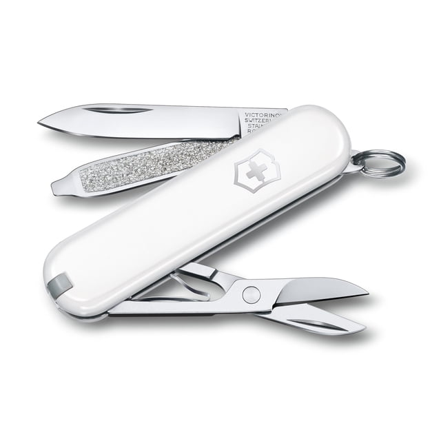 Victorinox Classic SD 7 Function Falling Snow White Pocket Knife with a white handle and Swiss cross logo. Features a small blade, scissors, nail file with screwdriver, and other tools for versatile everyday use. Compact and durable, suitable for grooming or trimming tasks.