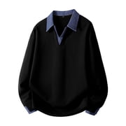 MeetoTime T-shirts surdimensionnés à manches longues pour hommes Patchwork Lapel V-Neck Pullover T-Shirts Vêtements pour hommes