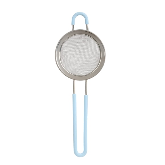 Mainstays Fine Mesh Drain and Catch Strainer with Silicone Covered Handle, 23.8 cm Basket, Hands-free Hook, Kitchen Tool, Blue
