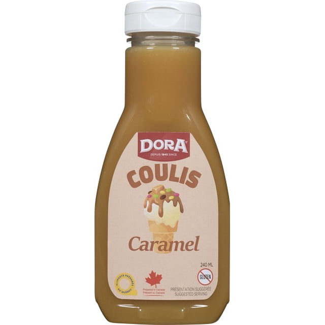 Caramel coulis Dora in a 240 ml squeezable plastic bottle with a white flip-top cap, featuring a label with an ice cream cone illustration and Canadian gluten-free certification, suitable for topping desserts, yogurts, and smoothies.