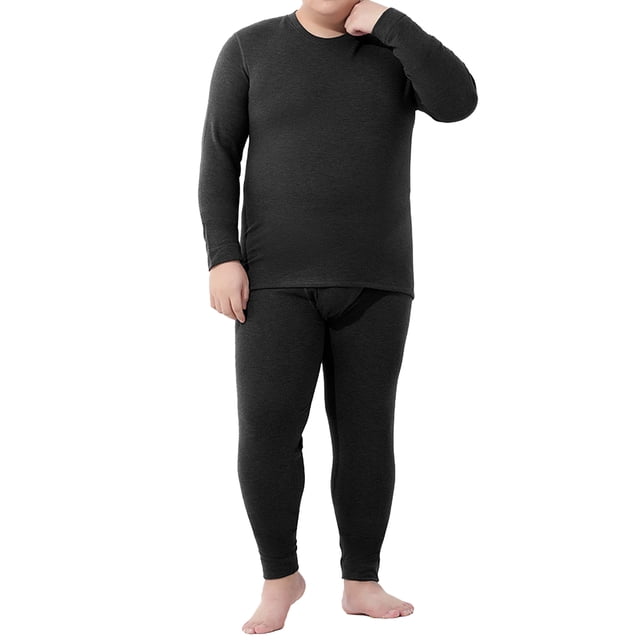 Men's Autumn Winter Silk Wool Blend Fleeced Base Layer Set, Black, 4XL