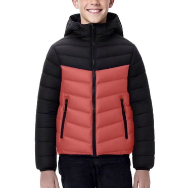 Pisexur Boys Winter Coat 8-17 Years Lightweight Color Block Hooded Puffer Jacket Warm Comfy Casual Outwear Fashion Zip Up Closure Wind Water Resistant Puffer Jacket with Zip Pockets Red