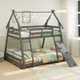 thumbnail image 2 of Costway Twin Over Queen Bunk Bed House Shaped Bed Frame with Climbing Nets and Ramp Gray, 2 of 10