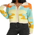 thumbnail image 1 of Cardigan Court à Boutons pour Femmes, Manches Longues, Tricot à Blocs de Couleur, Col à Revers, Tenue de Printemps et d'Automne, 1 of 6