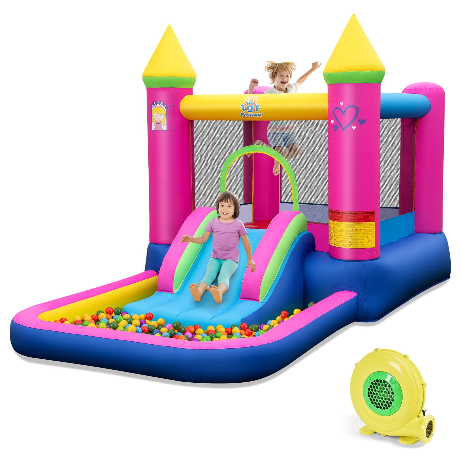 Condition photo showing New/Like New for costway 4-in-1 kids princess-themed bouncer with slide basketball hoop with 480w blower with 480w blower