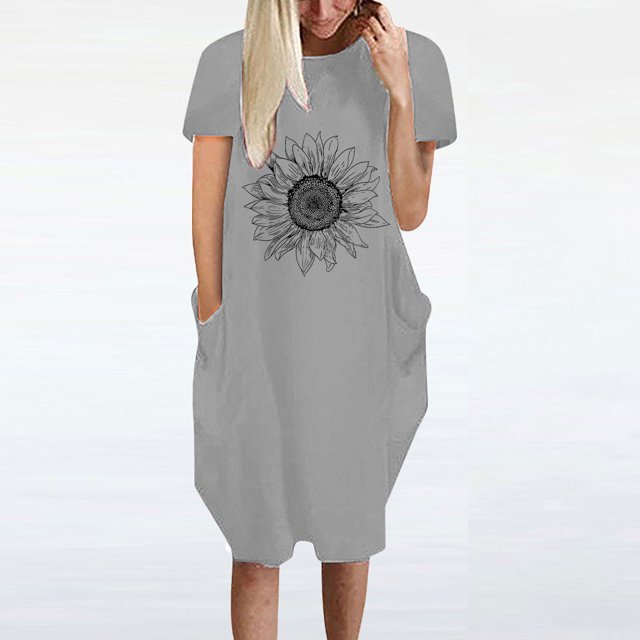 Robes d'Été Grande Taille pour Femmes 2024 Robe Décontractée Ample à Imprimé Tournesol Robe à Manches Courtes à Col en V Économisez jusqu'à 65 % de Rabais!