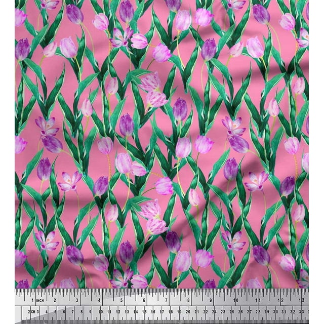 Soimoi Polyester Crepe Fabric Leaves & Tulip Floral Fabric Prints by Yard 52 Inch Wide