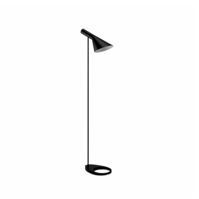 AVVA floor lamp in black with a slim aluminum base and adjustable conical iron shade featuring a tilt function, ideal for versatile floor lighting in modern home interiors.