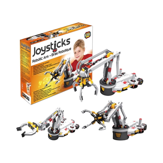 Joystick Bras Robotique Trousses Scientifiques, Jouet STEM Multicolore Conçu pour l'Apprentissage Pratique. Comprend un Bras Robotique avec des Préhenseurs Interchangeables à 2 Griffes et 4 Griffes, un Châssis Ouvert pour Voir les Pièces Mécaniques, et Deux joysticks pour un Contrôle Omnidirectionnel de 4 axes. Idéal pour les Passionnés de Trousse Scientifique, Favorise les Compétences d'Ingénierie et la Résolution de Problèmes. le kit Est Exposé aux Côté de l'Emballage de Sa Marque.