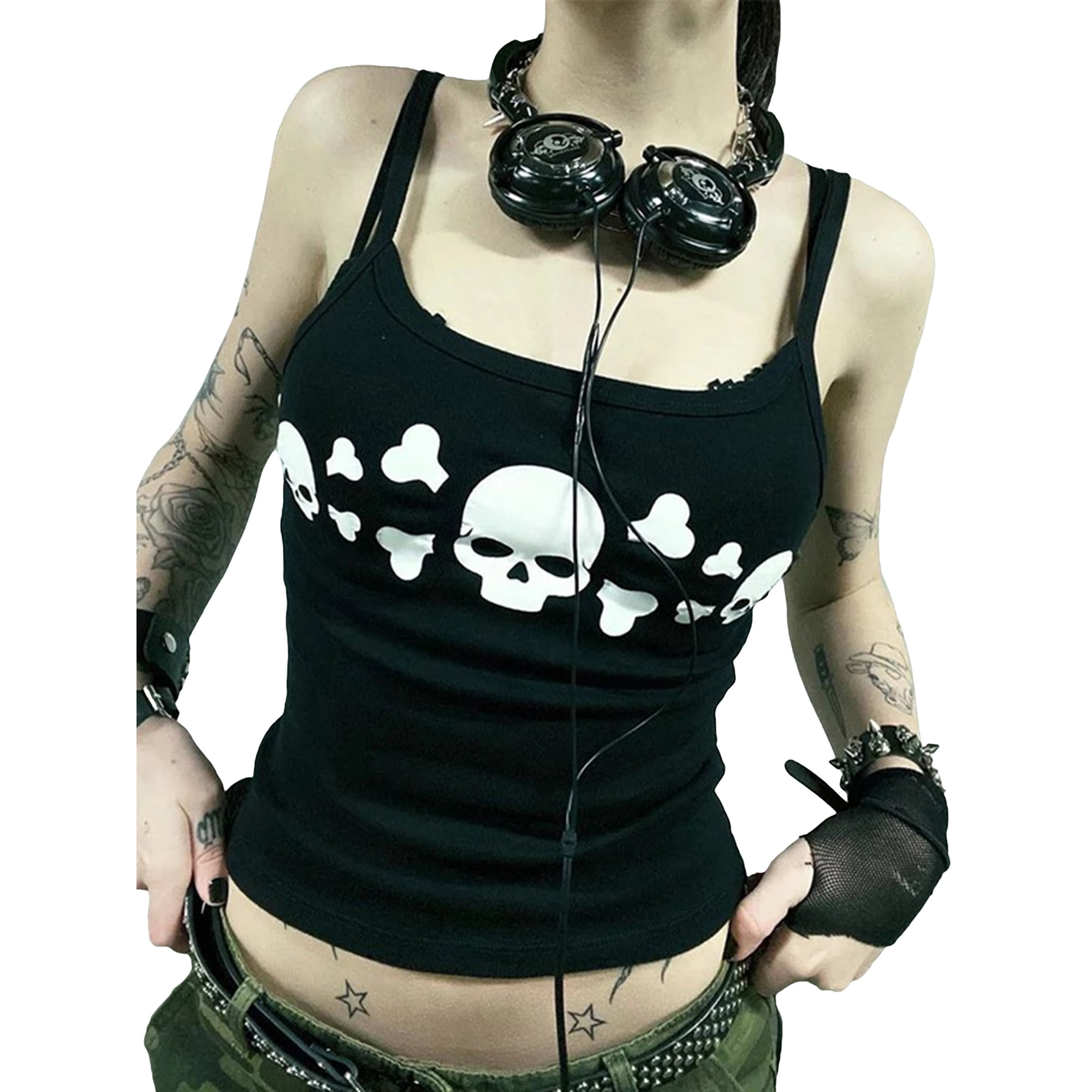 Diconna Women Goth Tank Tops Vintage Skull Print Backless Low Cut