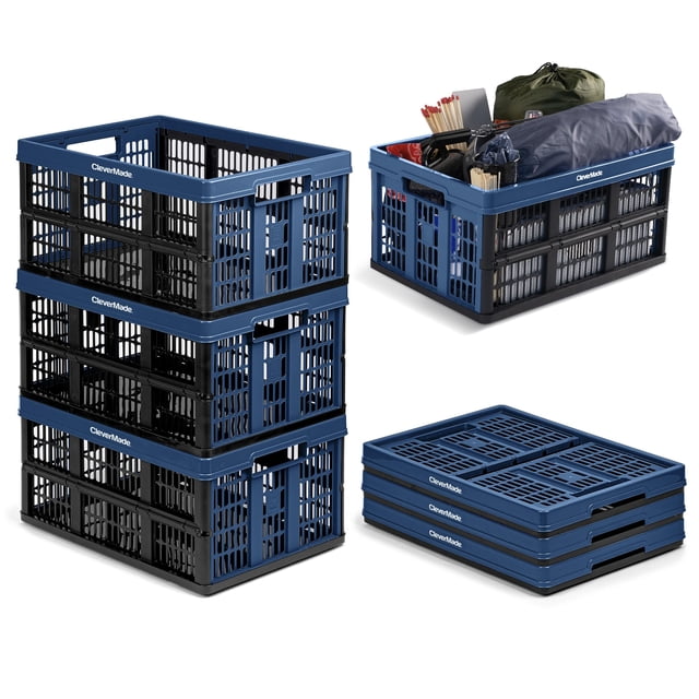 CleverMade Collapsible Utility Crates, Ocean, 3 Pack, 45L/11 Gal, 66 lbs Capacity, Stackable Containers, Heavy Duty, Space-Saving Baskets,Polypropylene (PP)