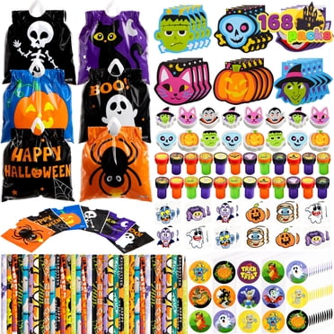 Joyfy 168 Paquets de Papeterie d'Halloween pour Fêtes, Cadeaux d'Halloween pour Enfants, Articles d'Halloween Incluant Sacs « Trick or Treat » d'Halloween, Blocs-Notes, Timbres, Marqueurs, Autocollants et Tatouages
