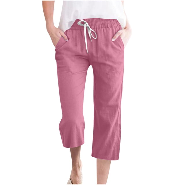 Penkiiy Legging Capri Décontracté Léger Extensible pour Femme avec Poches, P, Rose