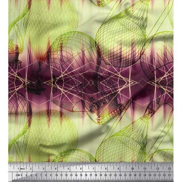 Soimoi Polyester Crepe Fabric Men & Hot Air Balloon Holiday Print Sewing Fabric Yard 42 Inch Wide