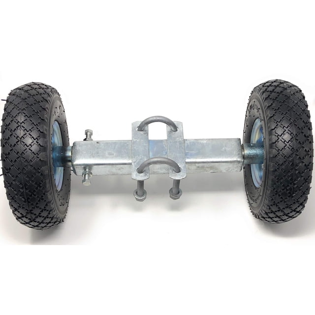 10-inch rolling gate carrier wheels with heavy-duty pneumatic tires designed for 2-inch chain link gate frames. Features a galvanized steel frame with adjustable U-bolts for secure attachment. The air-filled tires have a rugged tread pattern for enhanced traction on uneven terrain, suitable for commercial and industrial use.
