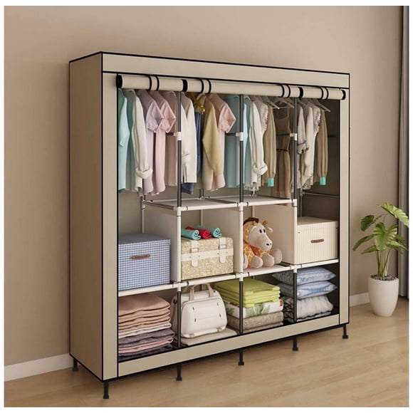 AGASY Clothing Rack Organizer - Portable Closet Wardrobe - Closet System - Almirah for Clothes - Large Wardrobe Clothes Organizer 6 Shelves 4 Hanging Sections 4 Side Pockets 65.7x17.7x66.9in (Beige)