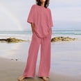 thumbnail image 2 of Pisexur Ensemble 2 Pcs pour Femme en Coton et Lin pour Femmes, Chandail à Manches Courtes avec Cordon, Pantalon Long, Survêtement, Ensemble Jogger, Pantalon Uni, Tenue Décontractée Deux Pièces, 2 of 5