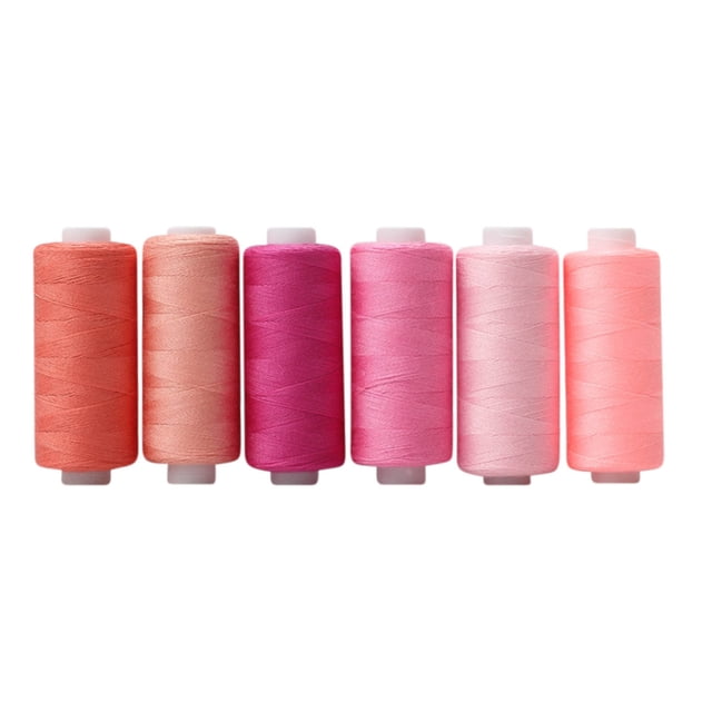 Meitianfacai Sewing Thread 36 Colors Sewing Industrial Machine And Hand Stitching Cotton Sewing Thread (6 Color/pack). The image shows six spools of polyester fibre thread in assorted shades of pink and peach, each containing 400 yards of thread. These threads are suitable for machine and hand sewing, knitting, embroidery, and other crafts. Each spool is individually wrapped to prevent tangling.