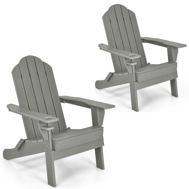 Gymax Lot de 2 Chaises Adirondack Pliantes pour Patio, Résistantes aux Intempéries, avec Porte-Gobelet, Cour, Gris