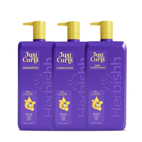 Herbishh Just Curls Shampoo & Conditioner with Deep Conditioner, Frizz Control Hair Care Kit, Cleansing & Nourishing, Repairs Damaged Hair, Paraben-free & Vegan, 16.91 fl.oz