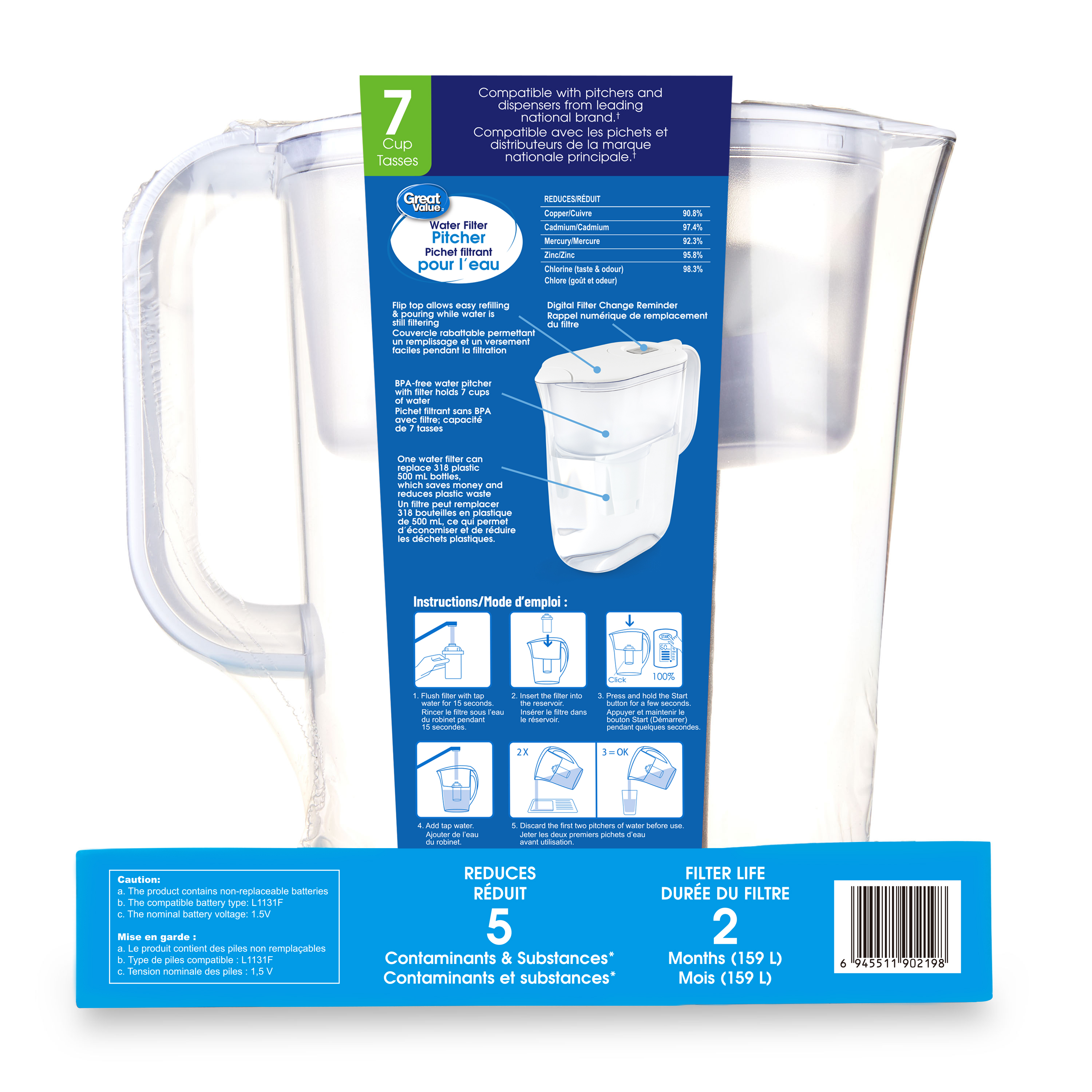 Pichet filtreur à eau Great Value, série 7 tasses, couleur blanche, sans BPA, compatible avec les filtres Brita, certifié NSF, indicateur minuteur numérique, HS528
