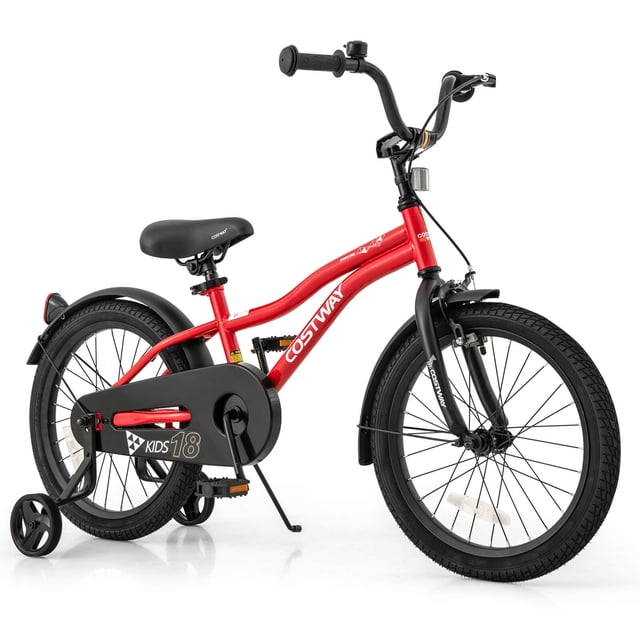 Costway Vélo pour Enfants de 18 Pouces pour Garçons et Filles de 4 à 8 Ans en Rouge, Conçu avec Guidon et Siège Ajustables, Frein à Main, Frein à Rétropédalage et Roues Stabilisatrices Amovibles. Ce Vélo d'Entraînement pour Enfants Présente des Pneus en Caoutchouc Durables, un Cadre Métallique Robuste et des Réflecteurs avant et Arrière pour une Sécurité Accrue. Comprend une Béquille, un Protège-Chaîne Fermé et un design Préassemblé pour une Installation Facile.