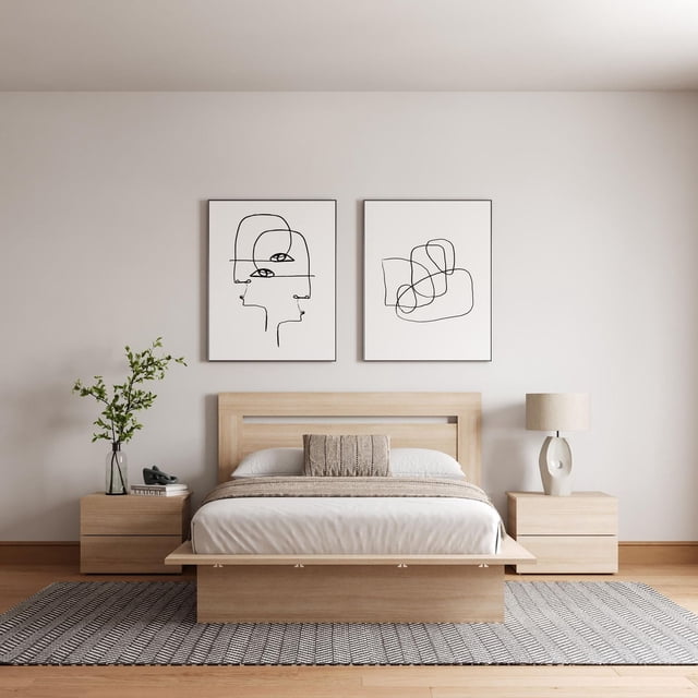 Nexera Malibu Ensemble de Chambre 4 Pcs avec un Lit Plateforme en Bois Clair avec une Tête de Lit Rectangulaire à Lattes et Deux Tables de Nuit Assorties à 2 Tiroirs. le Lit Est Habillé en Literie Blanche et beige avec un Coussin d'Accent Texturé, Ensemble sur un Tapis à Motif Gris sous Deux Imprimés d'Art Linéaire Noirs Minimalistes dans une Pièce aux Tons Neutres.