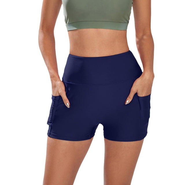 B91xZ Maillot de Bain Bikini pour Femmes Taille Haute Contrôle du Ventre Short de Bain en Bleu Marine, Taille M. Ces Shorts de Bain Style Rétro Présentent un design Taille Haute avec Détails Froncés pour un Léger Contrôle du Ventre et une Couverture Complète. Fabriqués en Tissu polyester durable à Séchage Rapide, Ils Sont Résistants au Chlore et à l'Eau Salée, Offrant un Confort Maximal et une Extensibilité pour la Natation Ou les Activités à la Plage. les Shorts Comprennent une Doublure et s'Agencent Facilement avec des Hauts de tankini Ou des Hauts Courts de Sport.