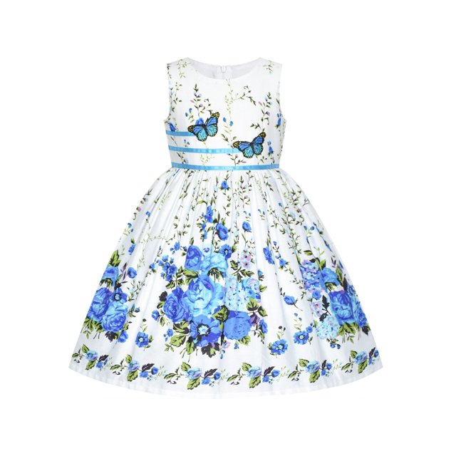 Girls Dress Blue Butterfly Casual Floral Party 6 Years
