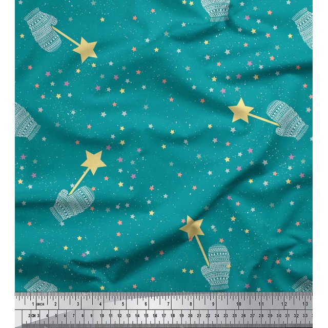 Soimoi Green Modal Satin Fabric Musical Symbol & Star Printed Craft Fabric by the Yard 42 Inch Wide
