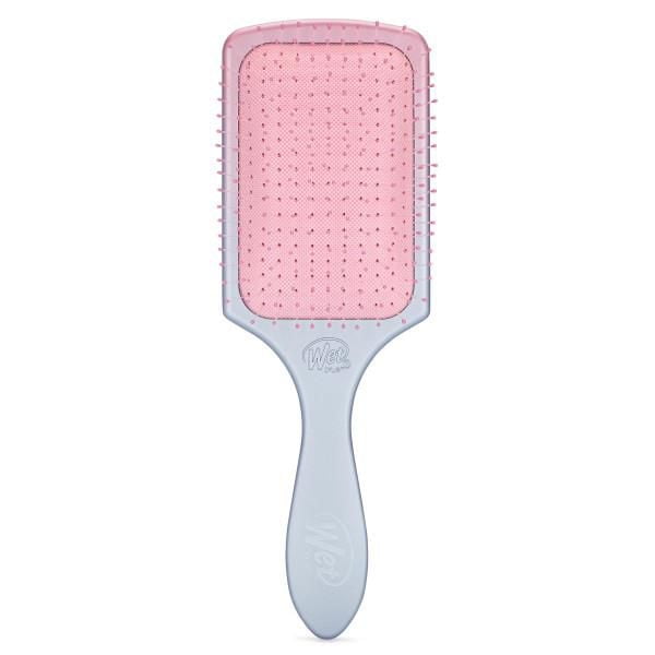 Wet Brush Detangler Ombre paddle brush with a light blue handle and pink IntelliFlex bristle pad designed to gently detangle hair and spread conditioning treatments evenly, featuring AquaVent technology for fast water drainage and easy cleanup, often used for applying hair masks during at-home spa days.