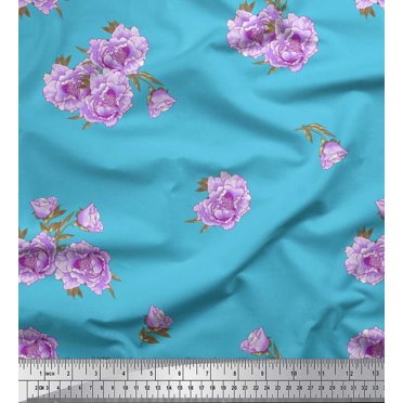 Soimoi Polyester Crepe Fabric Leaves & Peony Floral Decor Fabric Printed Yard 52 Inch Wide