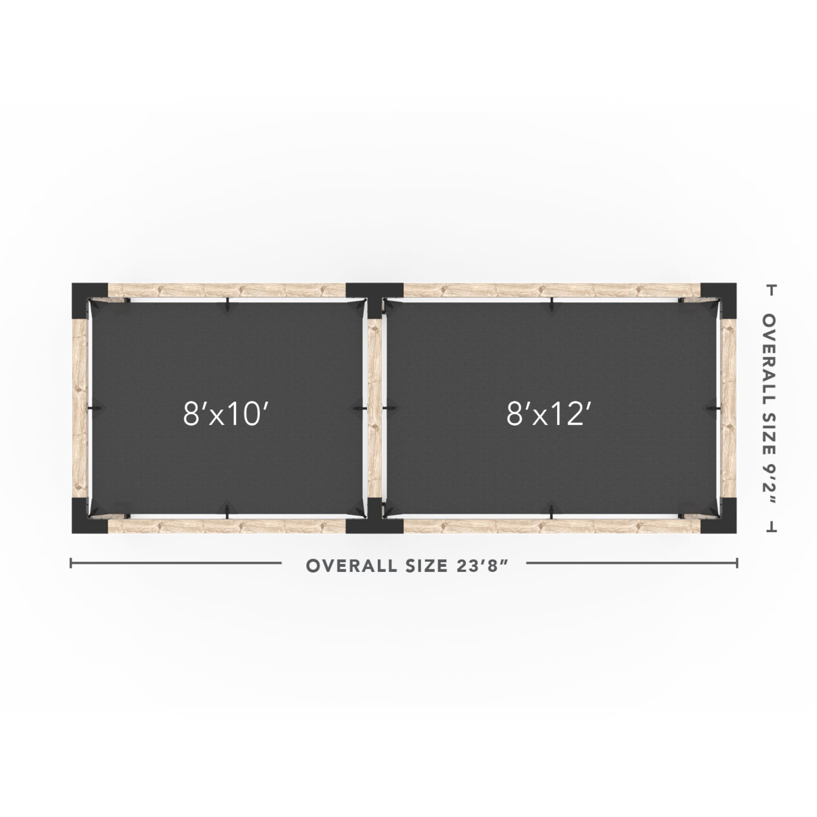 Kit Toja 12' x 22' Double Pergola avec 2 voiles d’ombre pour poteaux en bois 6x6
