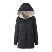 Jsaierl Women's Winter Warm Mid Length Coats Thick Faux Lamb Wool Lined Jackets Winter Hooded Puffer Jacket Long Sleeve Zip up Quilted Coats