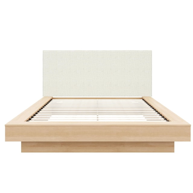 Julian Queen Size Platform Bed with Upholstered Headboard showing a front-facing view of a light oak finish wooden platform bed frame with slatted base and a tall mist grey textured fabric upholstered headboard, combining modern style and sturdy support for bedroom furniture.
