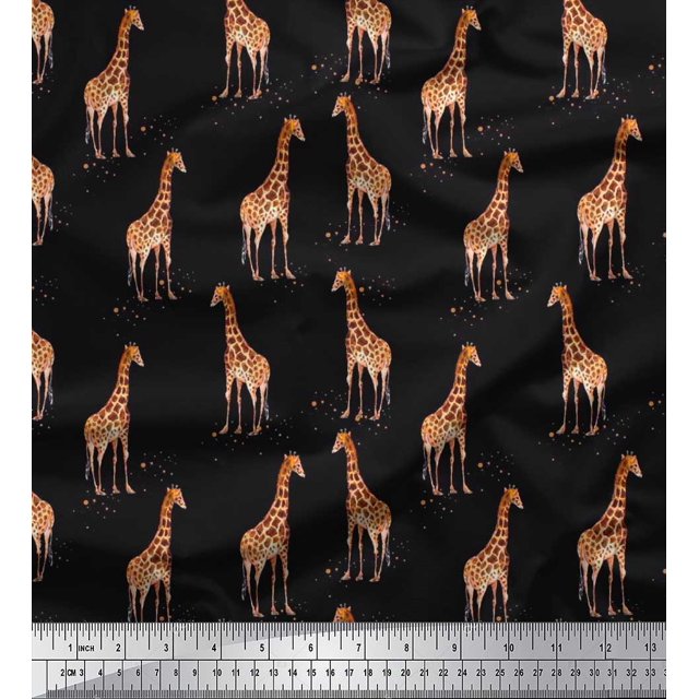 Soimoi Black polyester Crepe Fabric Dot & Giraffe Animal Decor Fabric Printed BTY 52 Inch Wide