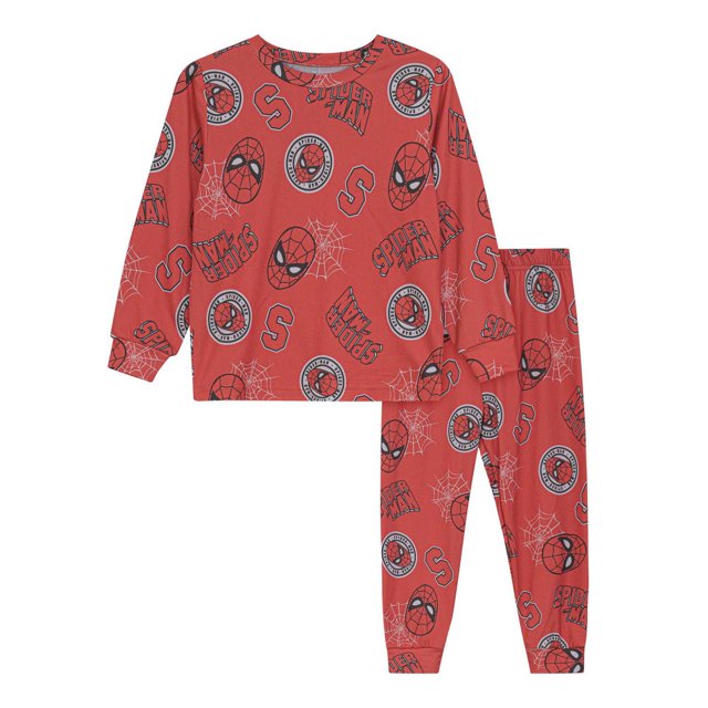 Marvel Spiderman Pajamas Set for toddlers featuring a two-piece red sleepwear set with a long sleeve round neckline top and elastic waistband pants, decorated with Spiderman faces, webs, logos, and letter S prints, made from a soft polyester blend for comfortable nightwear.