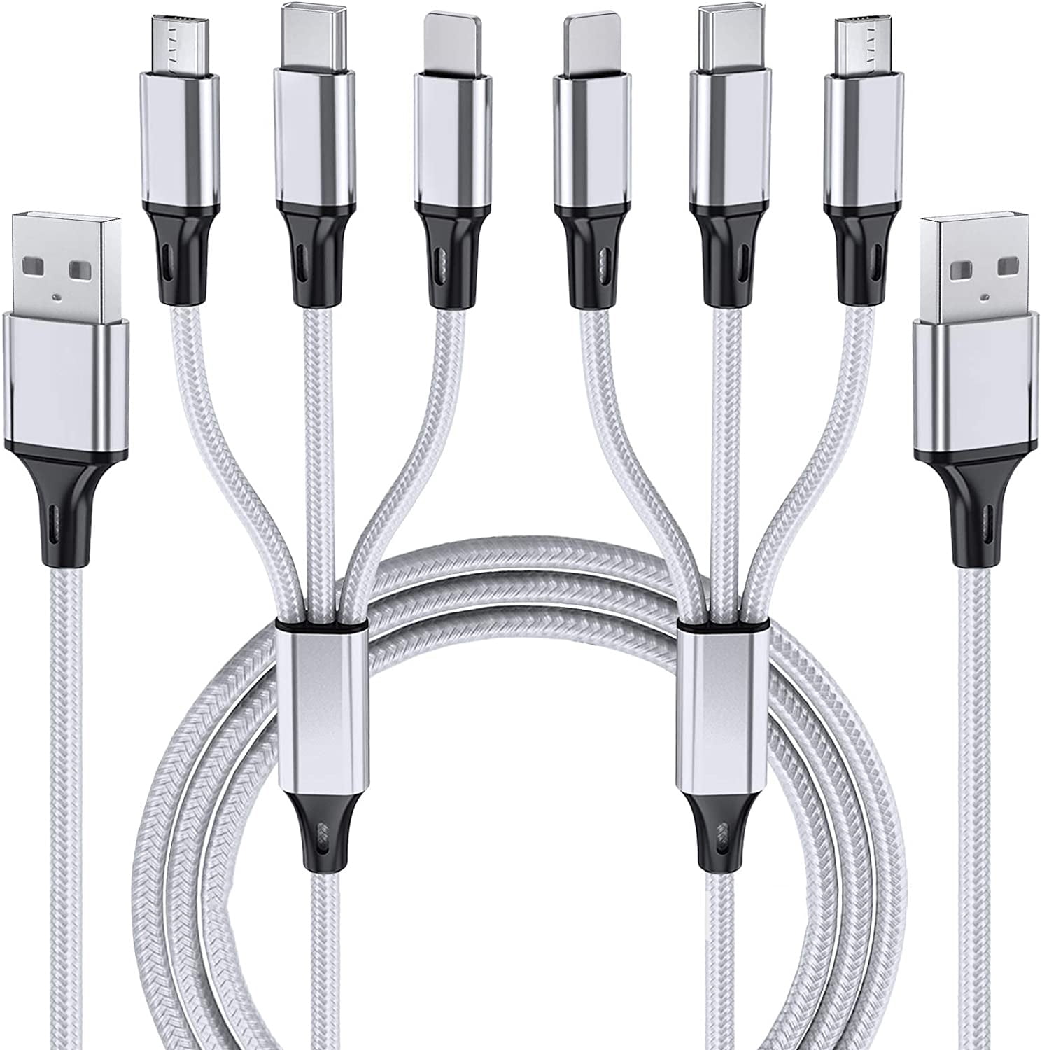 Multi Charging Cable, 2 Pack Multi Phone Charger Cable Braided Universal 3 in 1 Charging Cord Extra Long Multiple USB Cable with USB C, Micro USB Port Connectors for Cell Phones and More