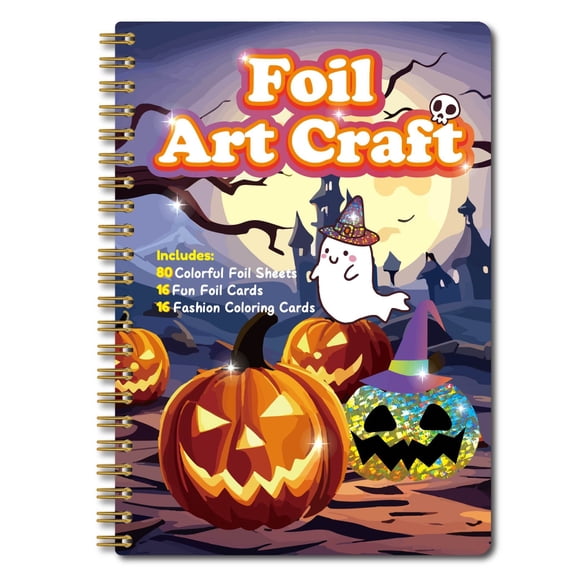 Trousse d'Artisanat d'Halloween pour Enfants en Feuille Métallique et Coloriage - Livre d'Art Magique de 16 Pages avec 80 Feuilles de Papier Aluminium, Craies de Cire de 8 Couleurs et Bâton de Bambou - Activités Étincelantes de Bricolage en Paillettes pour 3+ - Rehausse