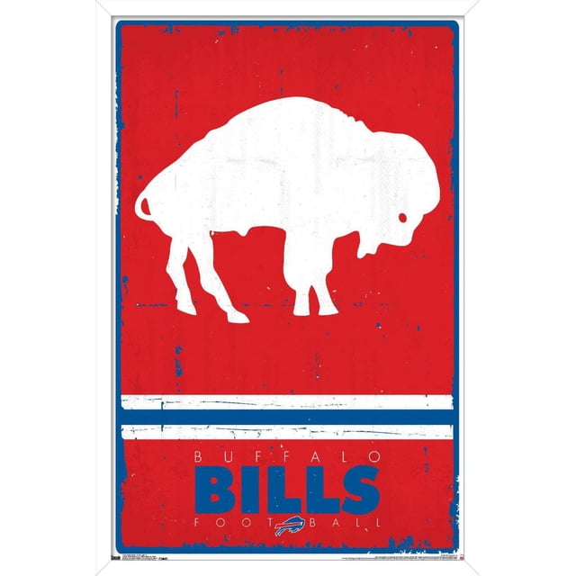 NFL Buffalo Bills - Retro Logo 15 Wall Poster, 22.375" x 34" featuring a white buffalo silhouette on a red distressed background with two white horizontal stripes above blue text reading 'BUFFALO BILLS FOOTBALL' and the team's charging buffalo logo, printed on glossy paper ideal for wall décor in bedrooms, offices, or dorms and suitable for party decoration.