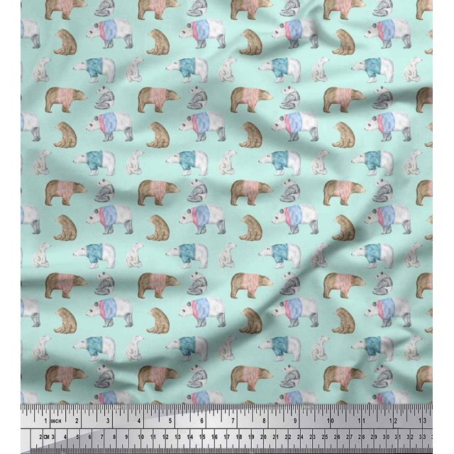 Soimoi Green polyester Crepe Fabric Bear Animal Print Fabric by the Yard 52 Inch Wide