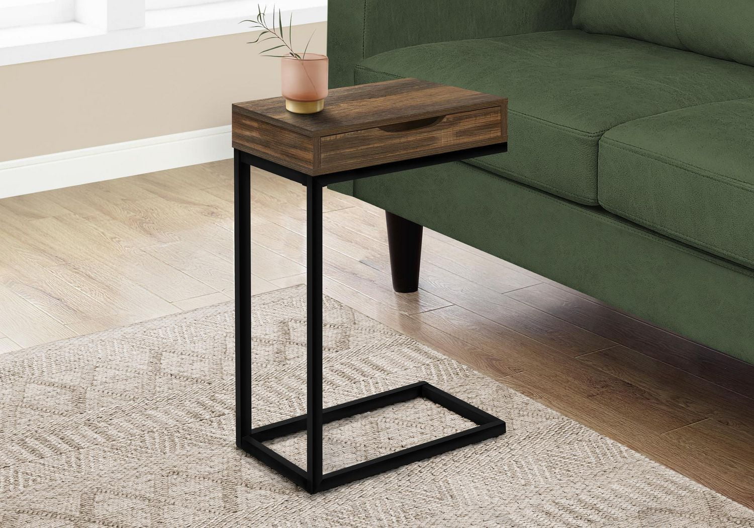 Monarch Specialties Table D'appoint, En Forme De C, Bout, Côté, Collation, Tiroir De Rangement, Salon, Chambre À Coucher, Métal, Stratifié, Brun, Noir, Contemporain, Moderne