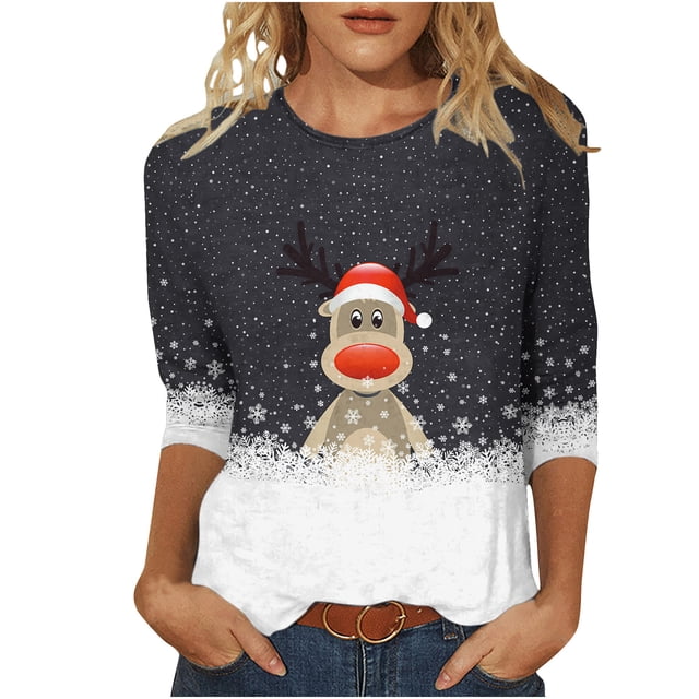 Women's Round Neck Three Quarter Sleeve Christmas Printed Top