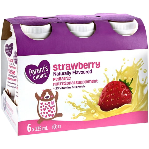 Parent's Choice Strawberry Naturally Flavoured Pediatric Nutritional Supplement, 6x235mL Ready to Feed Bottle Drinks