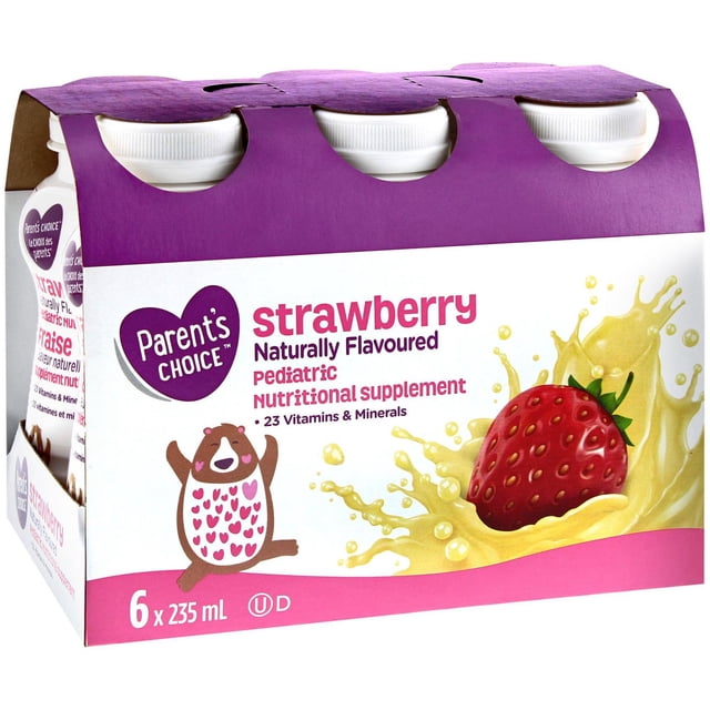 Parent's Choice Strawberry Naturally Flavoured Pediatric Nutritional Supplement six-pack of 235 ml bottles, containing 23 vitamins and minerals to support toddler health and growth, with strawberry flavor and bear graphic on white and purple packaging.