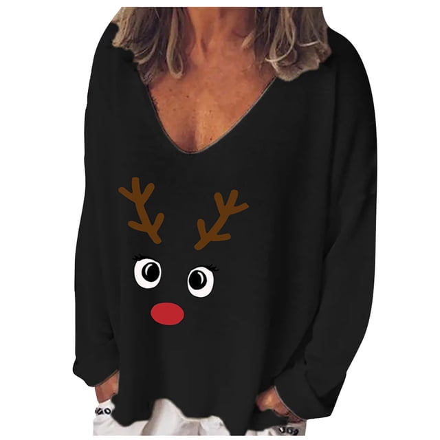 Mode Femme Décontractée Imprimé Col en V Ample Manches Longues T-shirt Haut Blouse Chandail