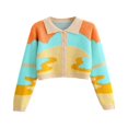 thumbnail image 2 of Cardigan Court à Boutons pour Femmes, Manches Longues, Tricot à Blocs de Couleur, Col à Revers, Tenue de Printemps et d'Automne, 2 of 6