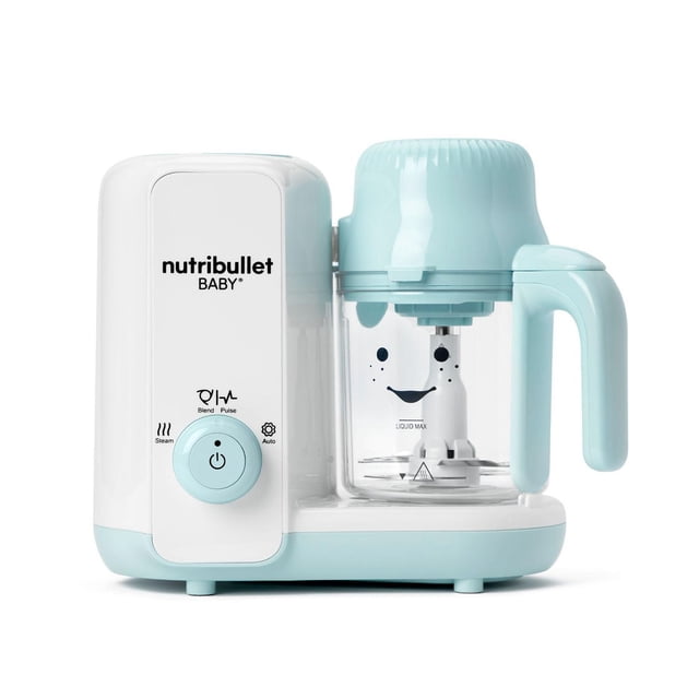 nutribullet Baby® Cuiseur Vapeur et Mélangeur pour Aliments et Maker en Blanc et Bleu pastel avec une base Compacte à Double Fonction, Pot de Mélange et de Cuisson à la Vapeur avec Poignée et Couvercle à Lame, Bouton de Commande Unique pour Vapeur, Mélange, Impulsion et modes auto, et Marquages max Transparents pour une Préparation Facile des Aliments pour Bébé.
