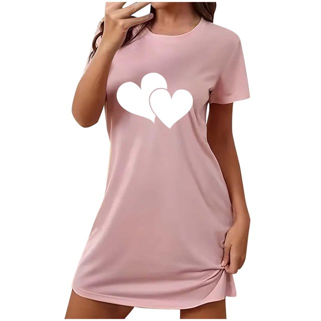 Pyjama Femme Chemise de Nuit pour Femme Manches Courtes Vêtement de Nuit Confortable Chemises de Nuit Imprimées Col Rond T-Shirt de Nuit Robe de Sommeil Douce Coupe Ample Robe de Pyjama TG